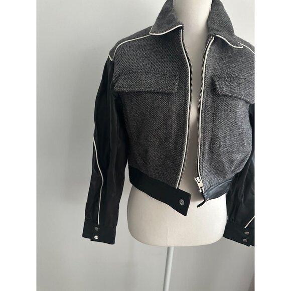 LAMARQUE Gray Wool Black Leather Bomber Biker Jacket Size Small NEW NWT - Picture 7 of 9